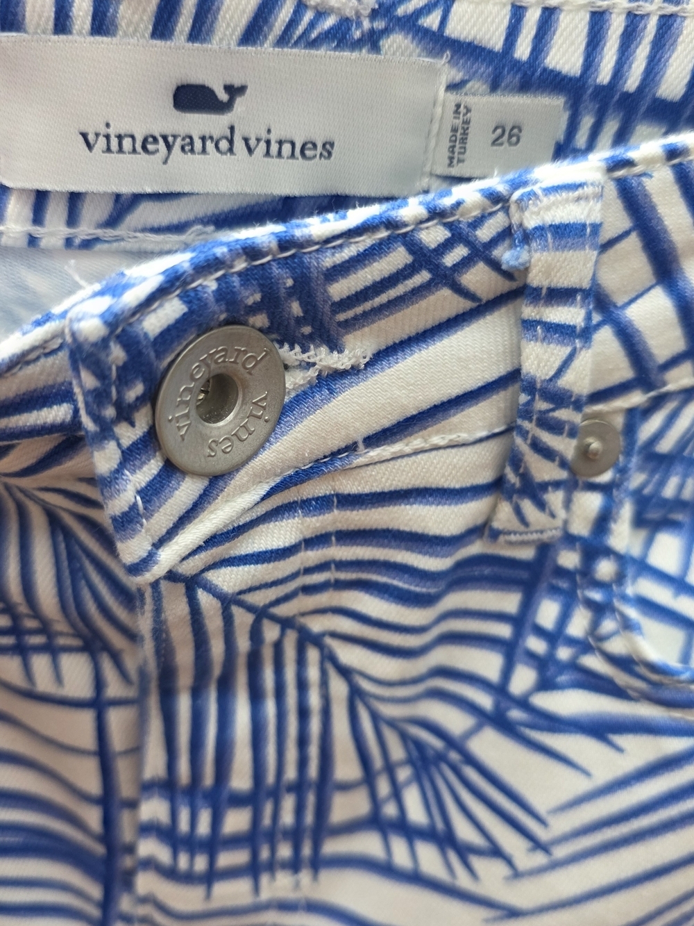 Vineyard Vines Blue White Palm-Leaf Straight Leg Raw Hem Pants Sz 26 - Picture 2 of 7